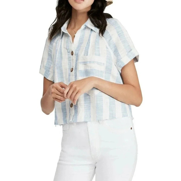 Free People Womens Away At Sea Blue Striped Button-Down Top Shirt Size Large - Picture 3 of 11